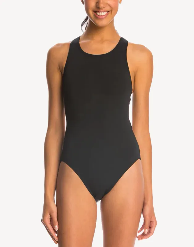 Solid Polyester Maxback Long Torso One Piece Swimsuit sold by swimco