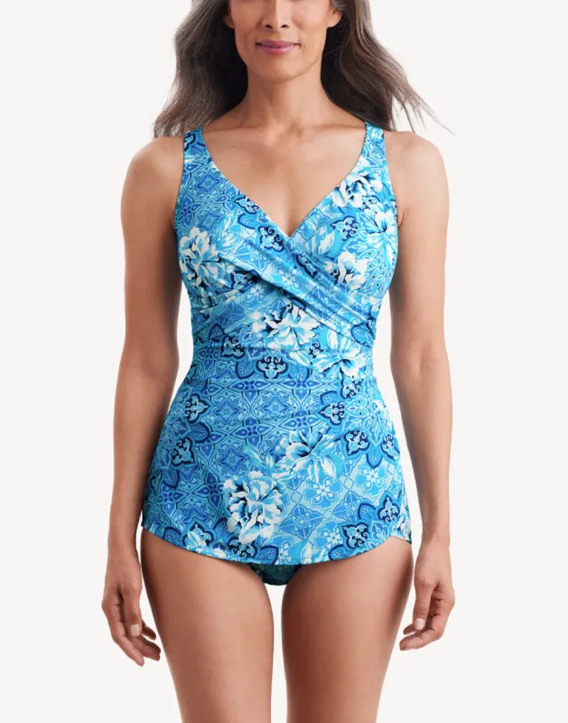 Barcelona Blues Crossover Sarong One Piece Swimsuit sold by swimco