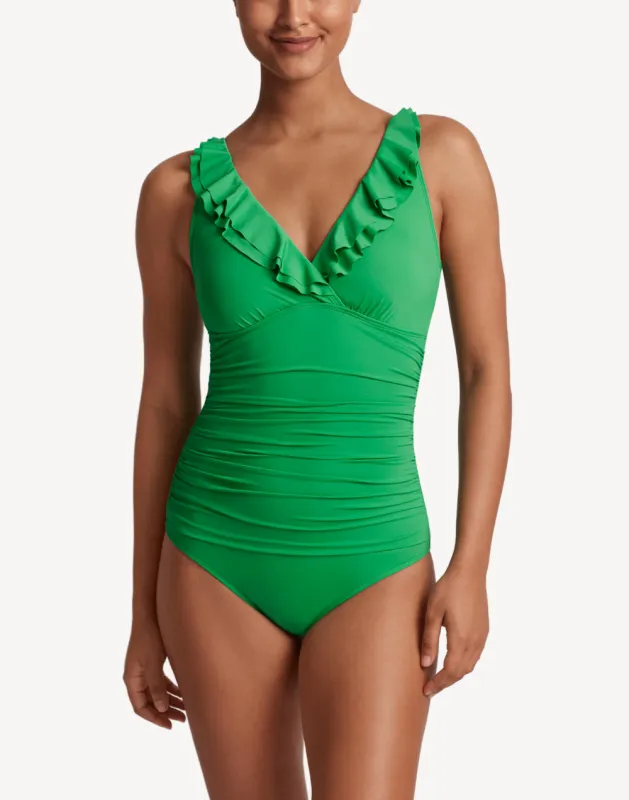 Beach Club Solids Ruffle Underwire One Piece Swimsuit sold by swimco
