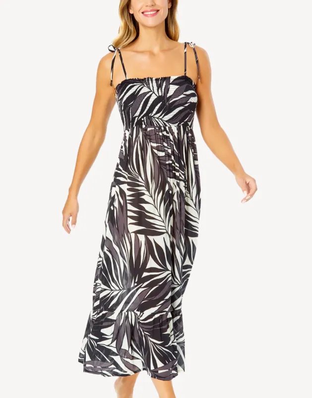 Palm Chic Smocked Shoulder Tie Maxi Dress sold by swimco