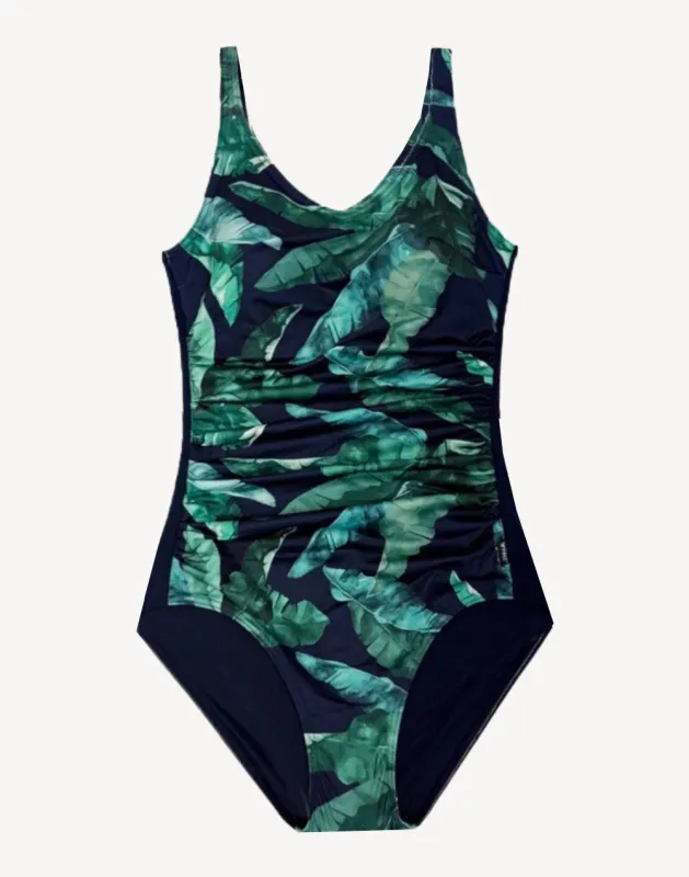 Exotic Palm Ruched One Piece Swimsuit sold by swimco
