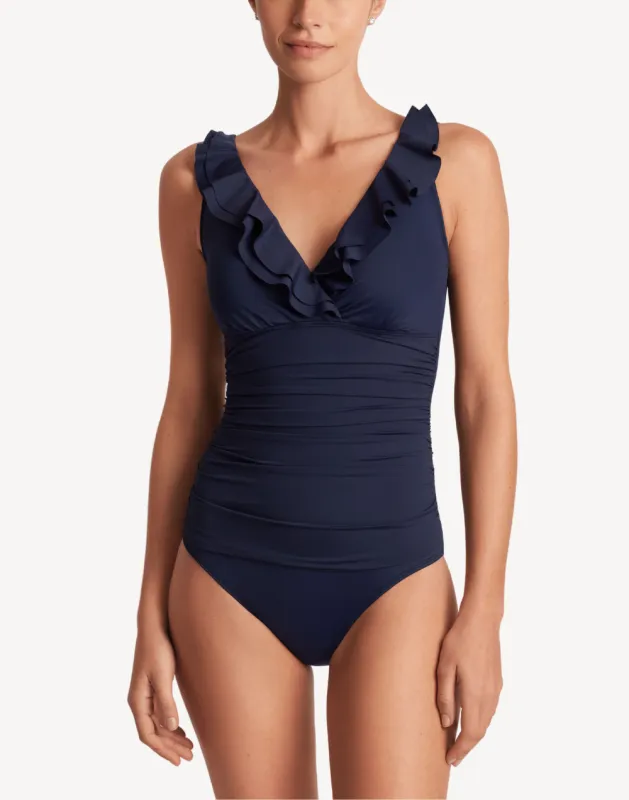 Beach Club Solids Ruffle Underwire One Piece Swimsuit sold by swimco
