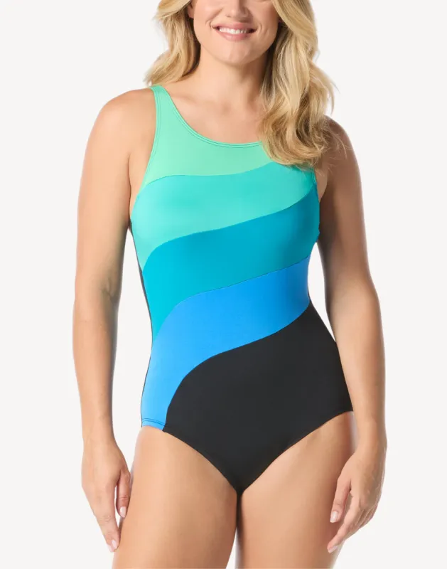 Colourblock Splice High Neck Polyester One Piece Swimsuit sold by swimco