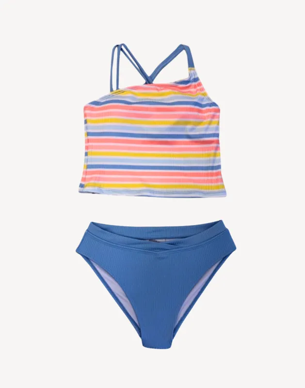 Girls Summer Stripes One Shoulder Tankini Set sold by swimco