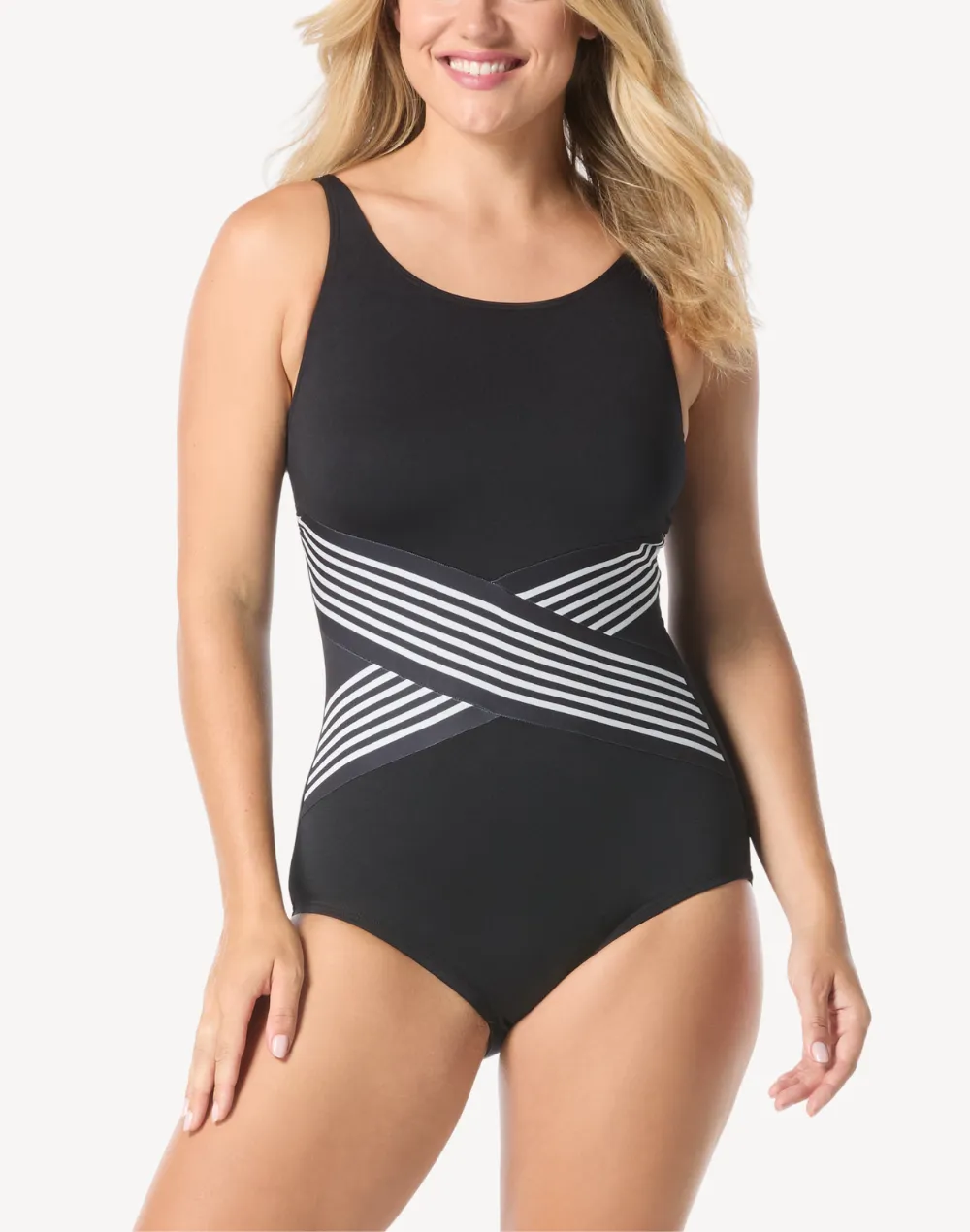 Retro Stripe High Neck D Cup Polyester One Piece Swimsuit sold by swimco