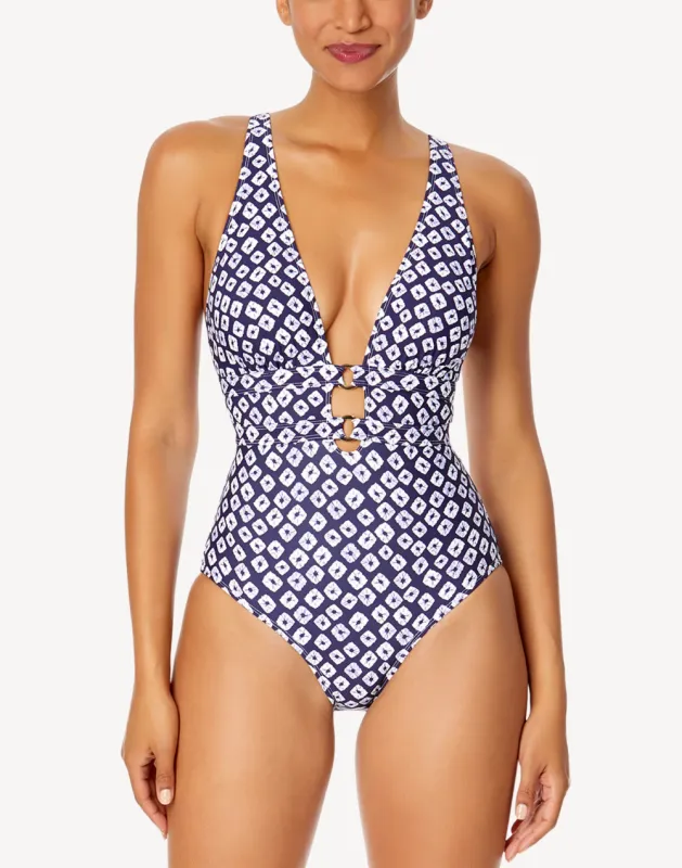 Shibori Geo Double Ring Plunge One Piece Swimsuit sold by swimco
