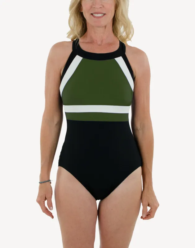 High Neck Colourblock Poly Tank One Piece Swimsuit sold by swimco