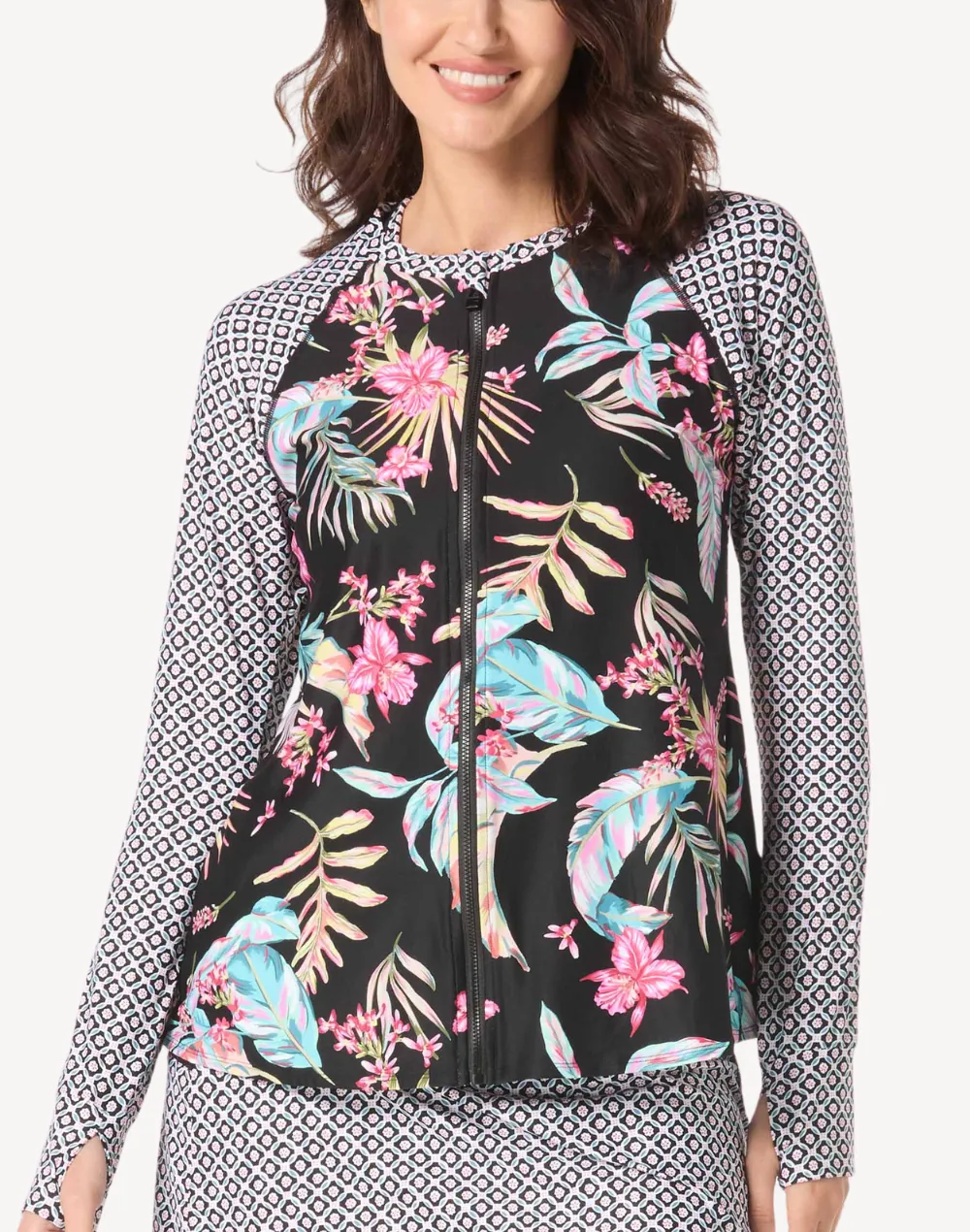 Endless Summer Mary Zip Front UPF 50 Rashguard sold by swimco