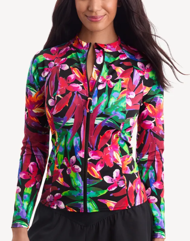 Secret Jungle Zip Front UPF 50 Long Sleeve Swim Shirt sold by swimco