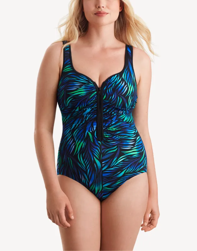 Glazed Skin Shirred Zipper One Piece Swimsuit sold by swimco