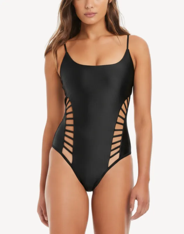 Shine Solid Cross Side Cut Out One Piece Swimsuit sold by swimco