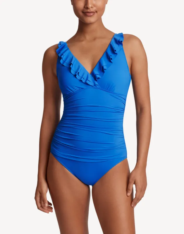 Beach Club Solids Ruffle Underwire One Piece Swimsuit sold by swimco