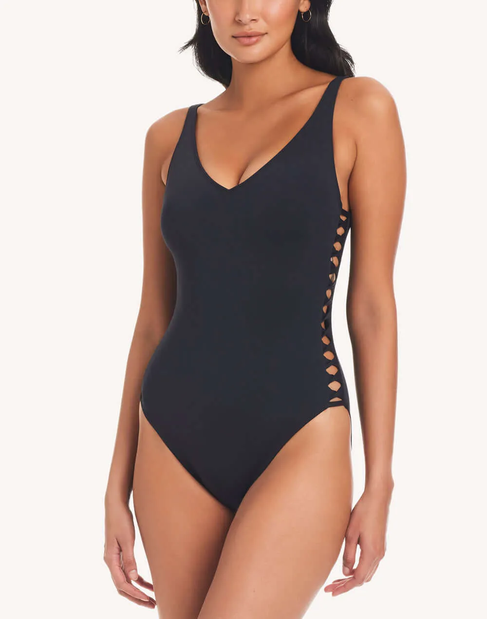 Sides Lace Down One Piece Swimsuit sold by swimco