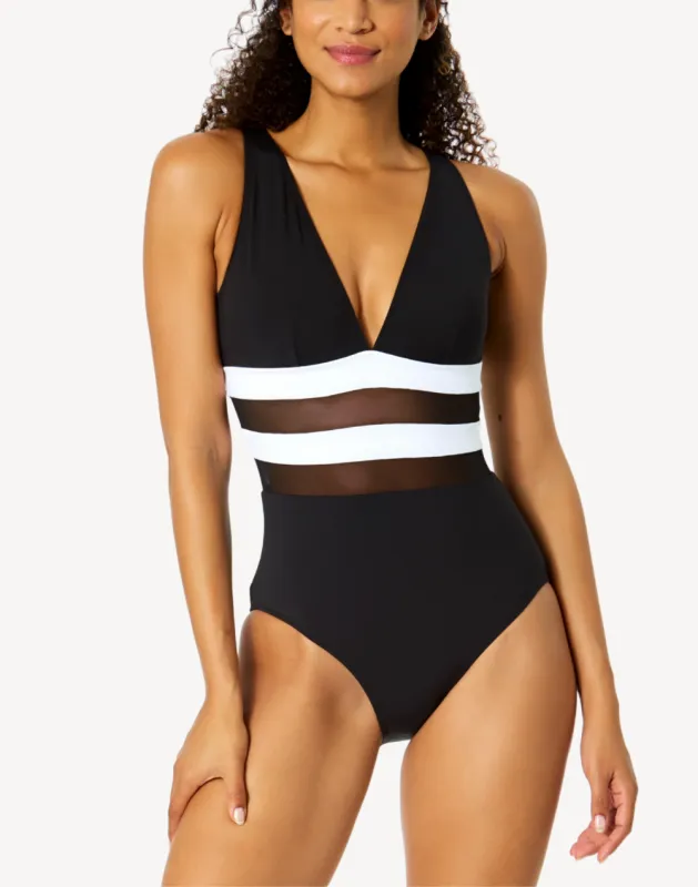 Garbor Mesh Plunge Front Colourblock One Piece Swimsuit sold by swimco