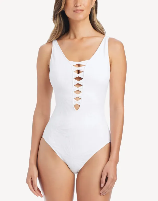 Tropical Tango Lace Down One Piece Swimsuit made by Bleu Rod Beattie
