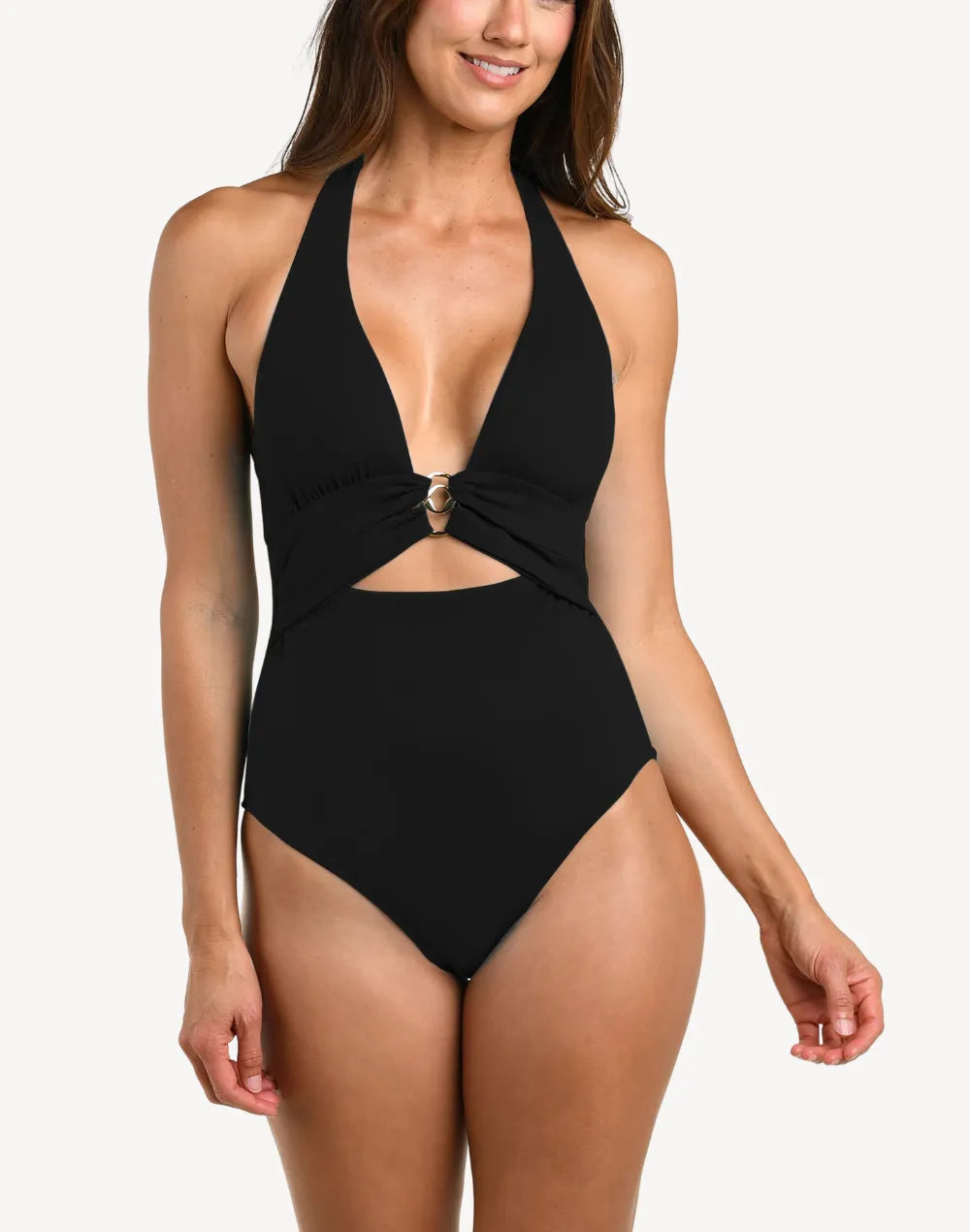 Island Goddess Double Ring Plunge One Piece Swimsuit sold by swimco