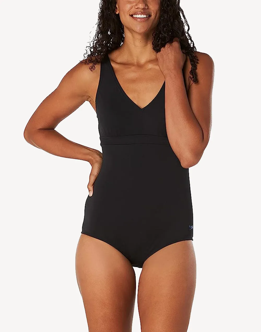 Solid V Neck Polyester One Piece Swimsuit sold by swimco