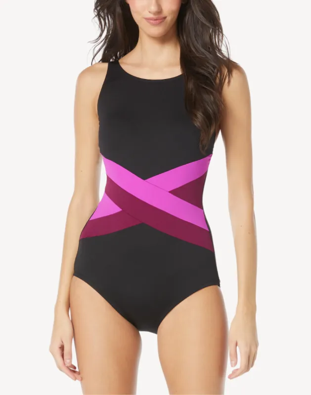 Colourblock High Neck D Cup Polyester One Piece sold by swimco