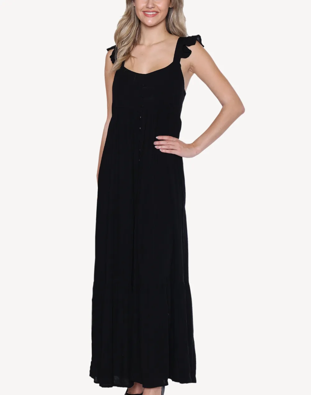 Ruffle Button Front Midi Dress sold by swimco