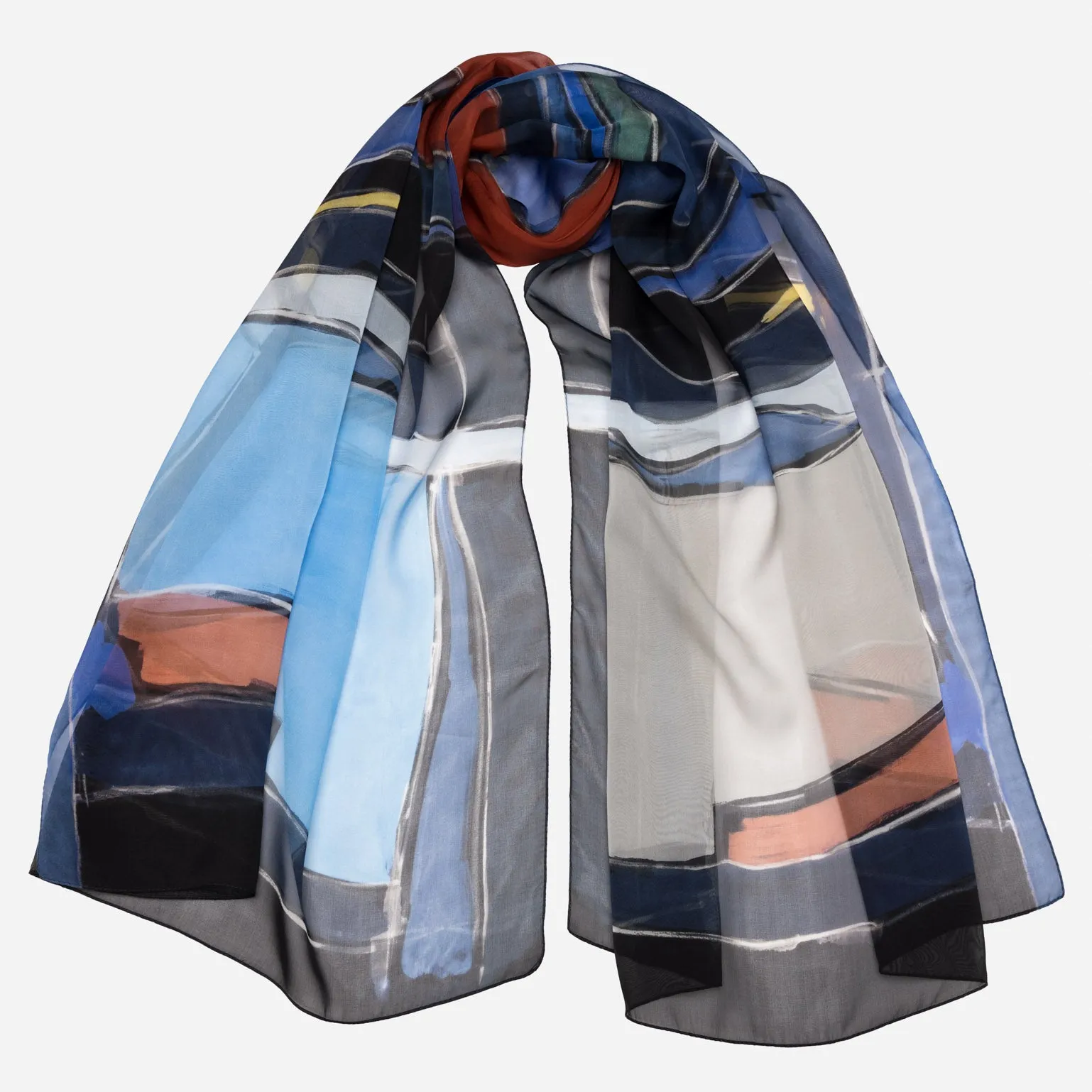 Simona - Silk Scarf Shawl - Brick Red & Blue sold by Elizabetta