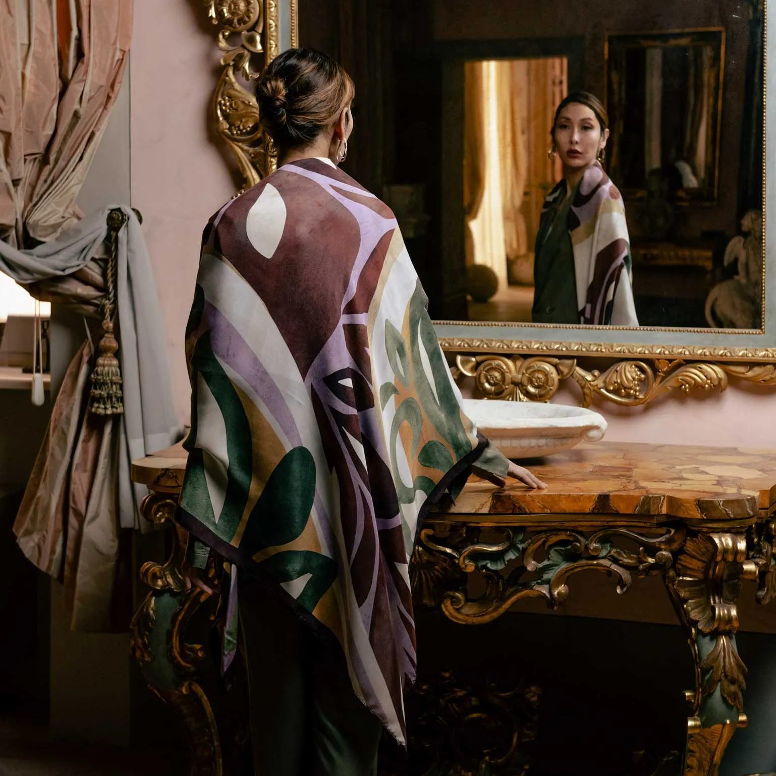 Livia - Silk Scarf Shawl - Burgundy, Moss Green & Lavender sold by Elizabetta