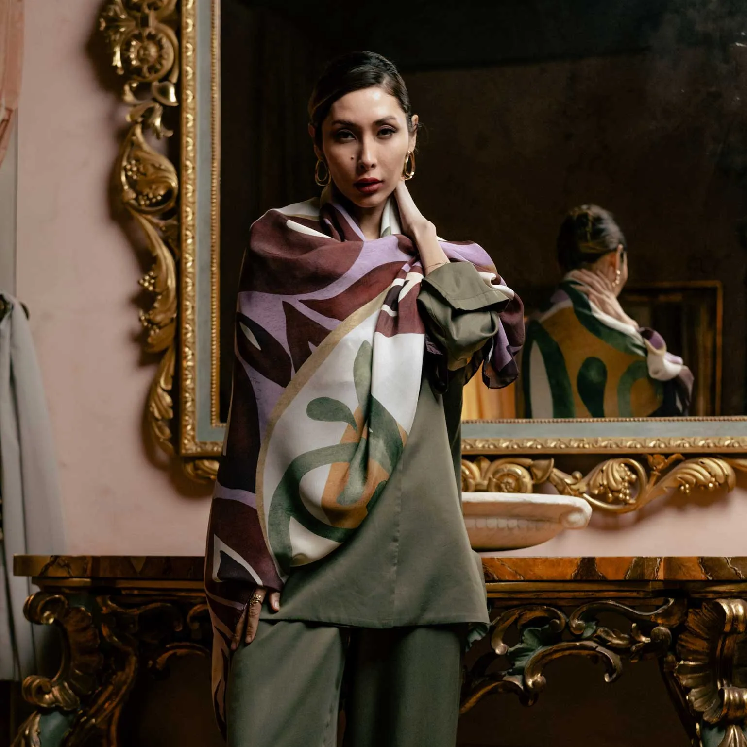 Livia - Silk Scarf Shawl - Burgundy, Moss Green & Lavender sold by Elizabetta product image thumbnail 4