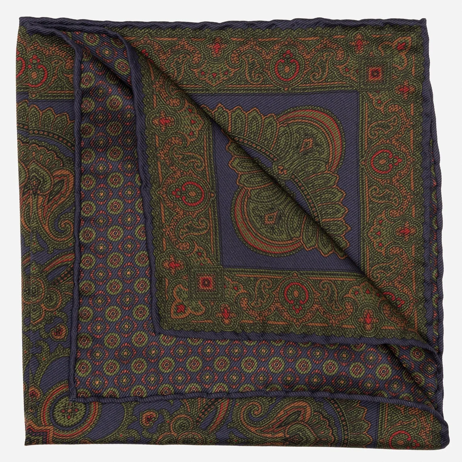 Lario - Double Sided Silk Pocket Square - Navy Green sold by Elizabetta