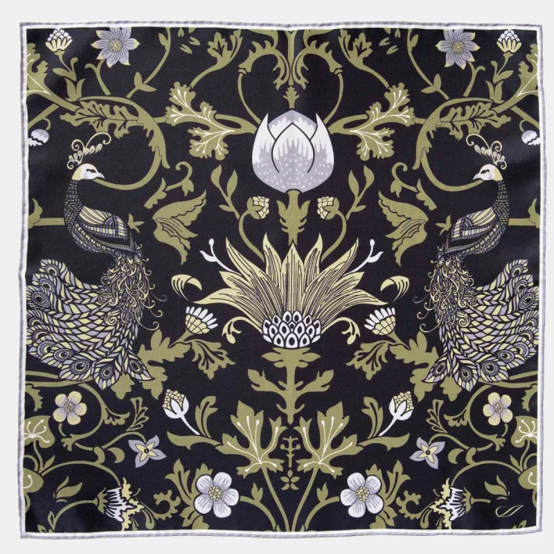 Pavone - Silk Pocket Square - Black sold by Elizabetta