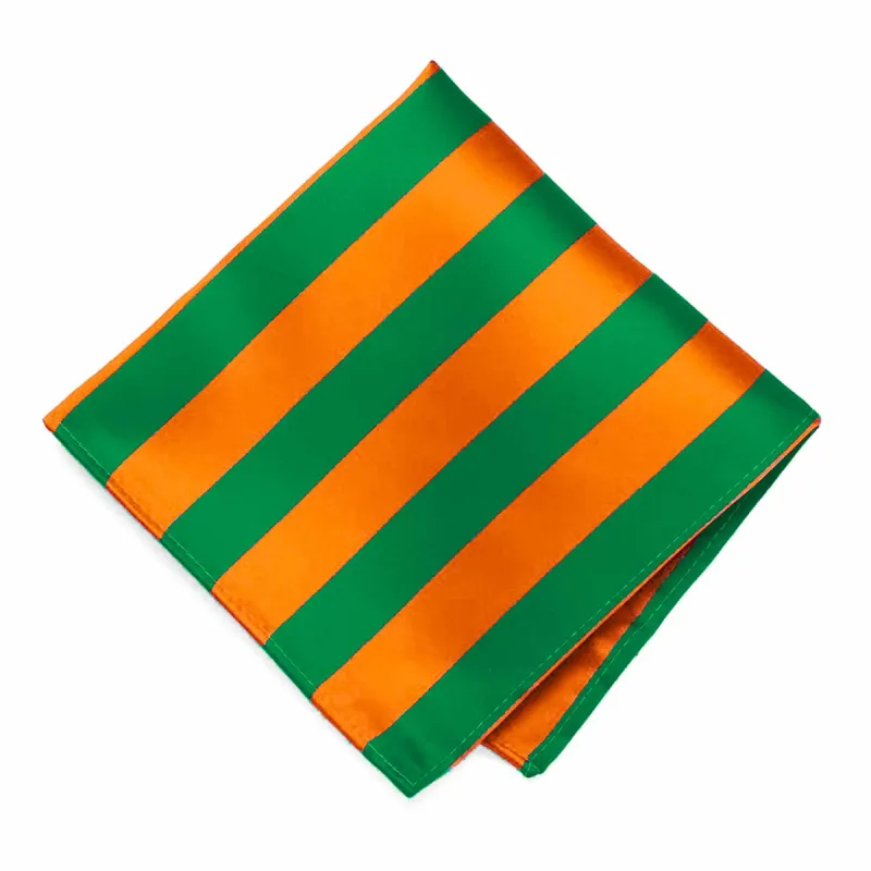Kelly Green and Orange Striped Pocket Square sold by TieMart
