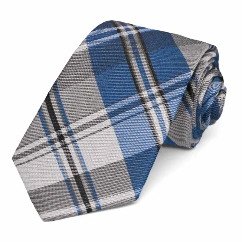 Blue Animator Plaid Silk/Cotton Narrow Necktie, 3" Width sold by TieMart