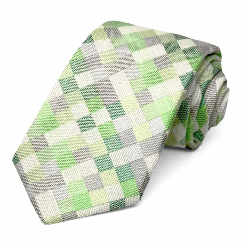 Bright Green and Gray Biologist Check Linen/Silk Necktie, 3" Width sold by TieMart