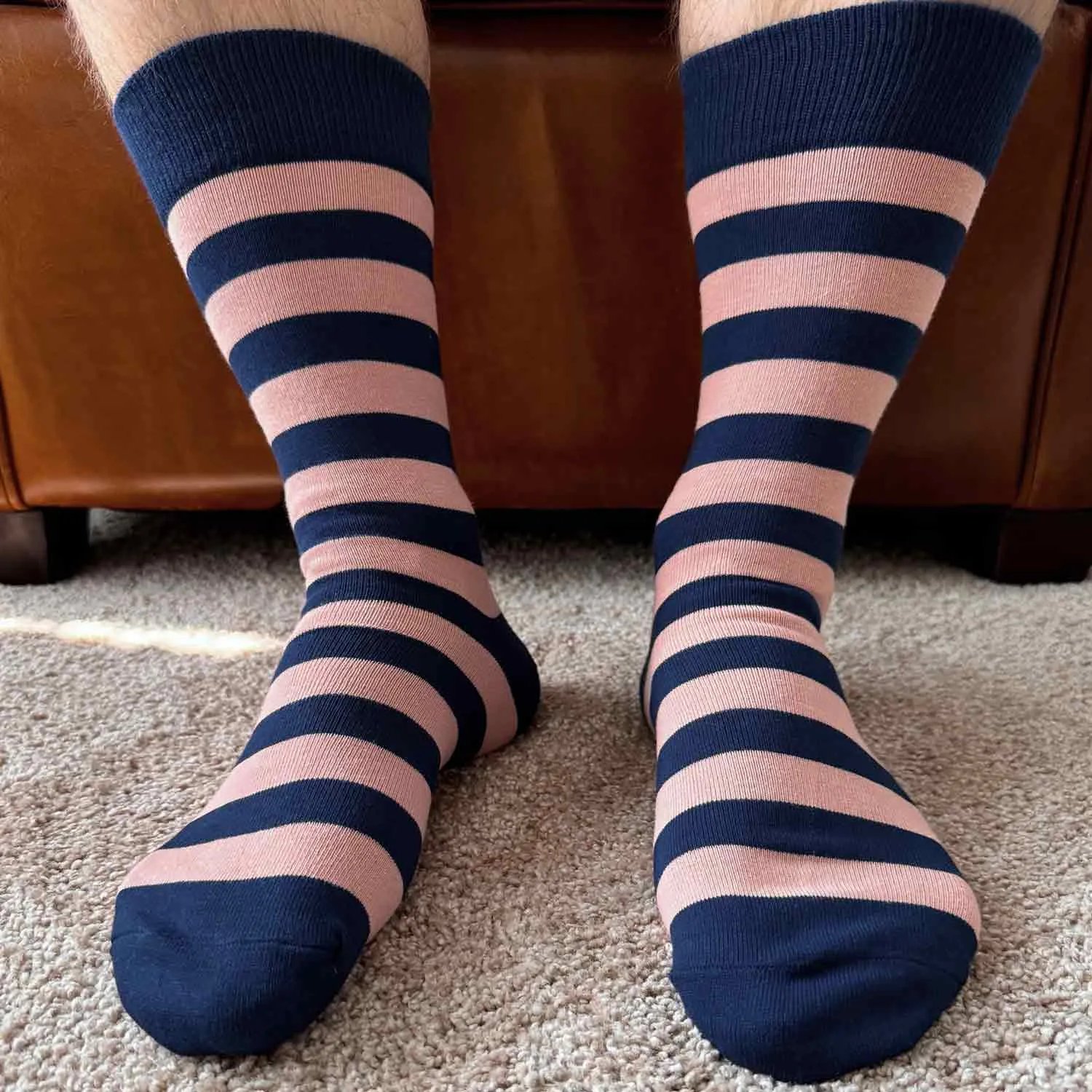 Men's Blush Pink and Navy Blue Striped Socks sold by TieMart product image thumbnail 4