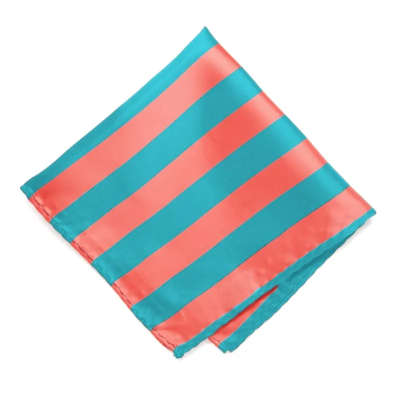 Bright Coral and Turquoise Striped Pocket Square sold by TieMart