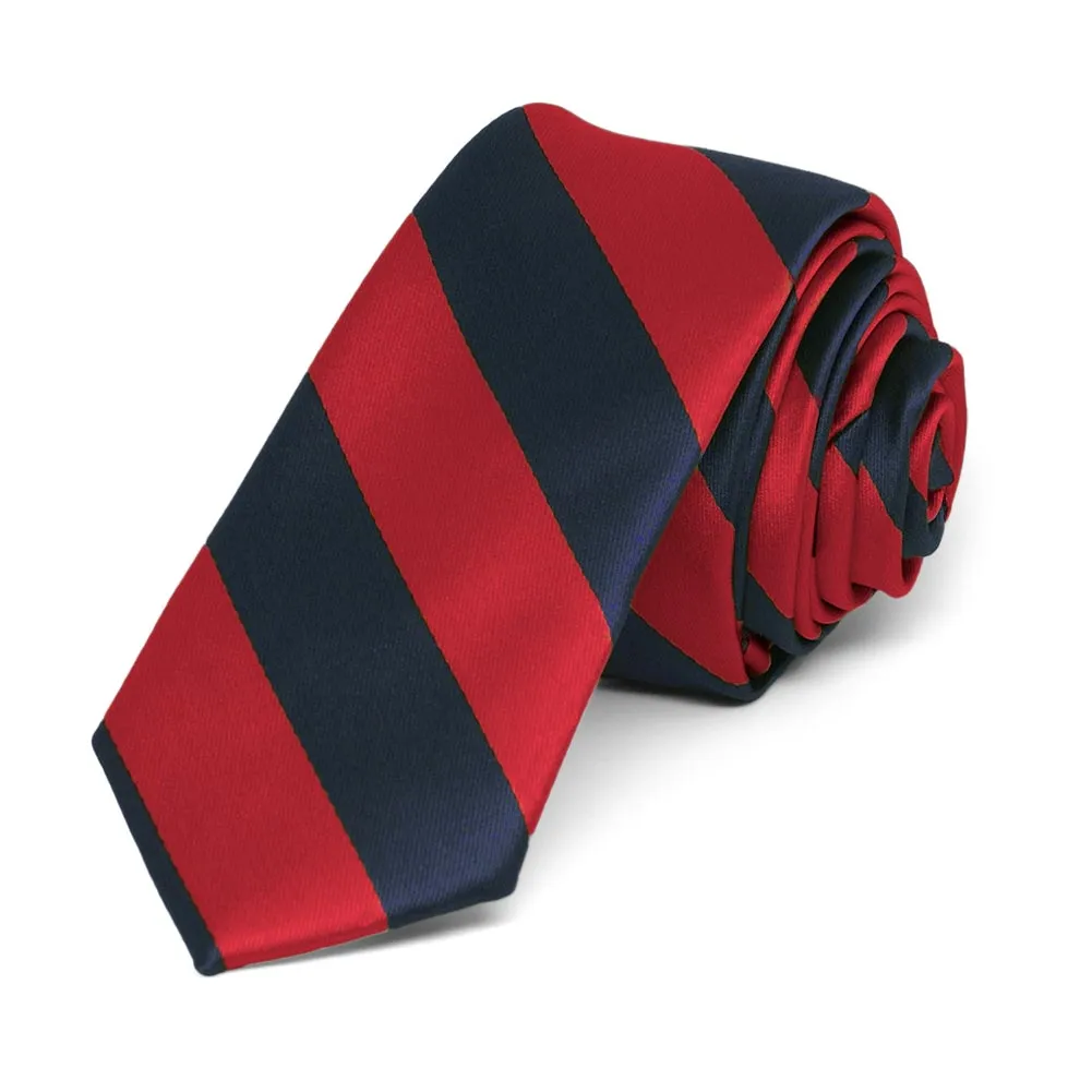 Red and Navy Blue Striped Skinny Tie, 2" Width sold by TieMart