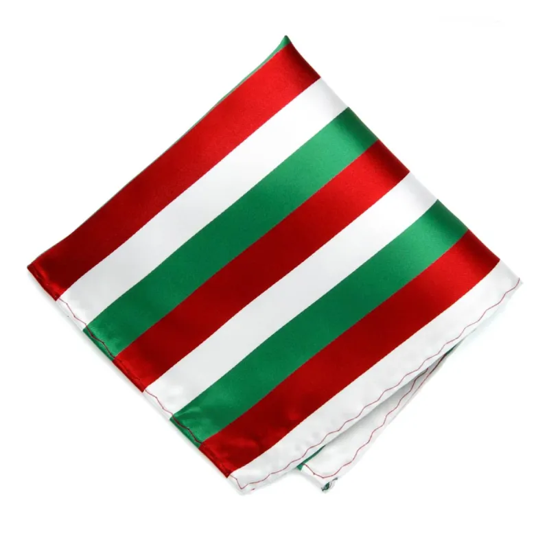 Kelly Green, White and Red Striped Pocket Square sold by TieMart