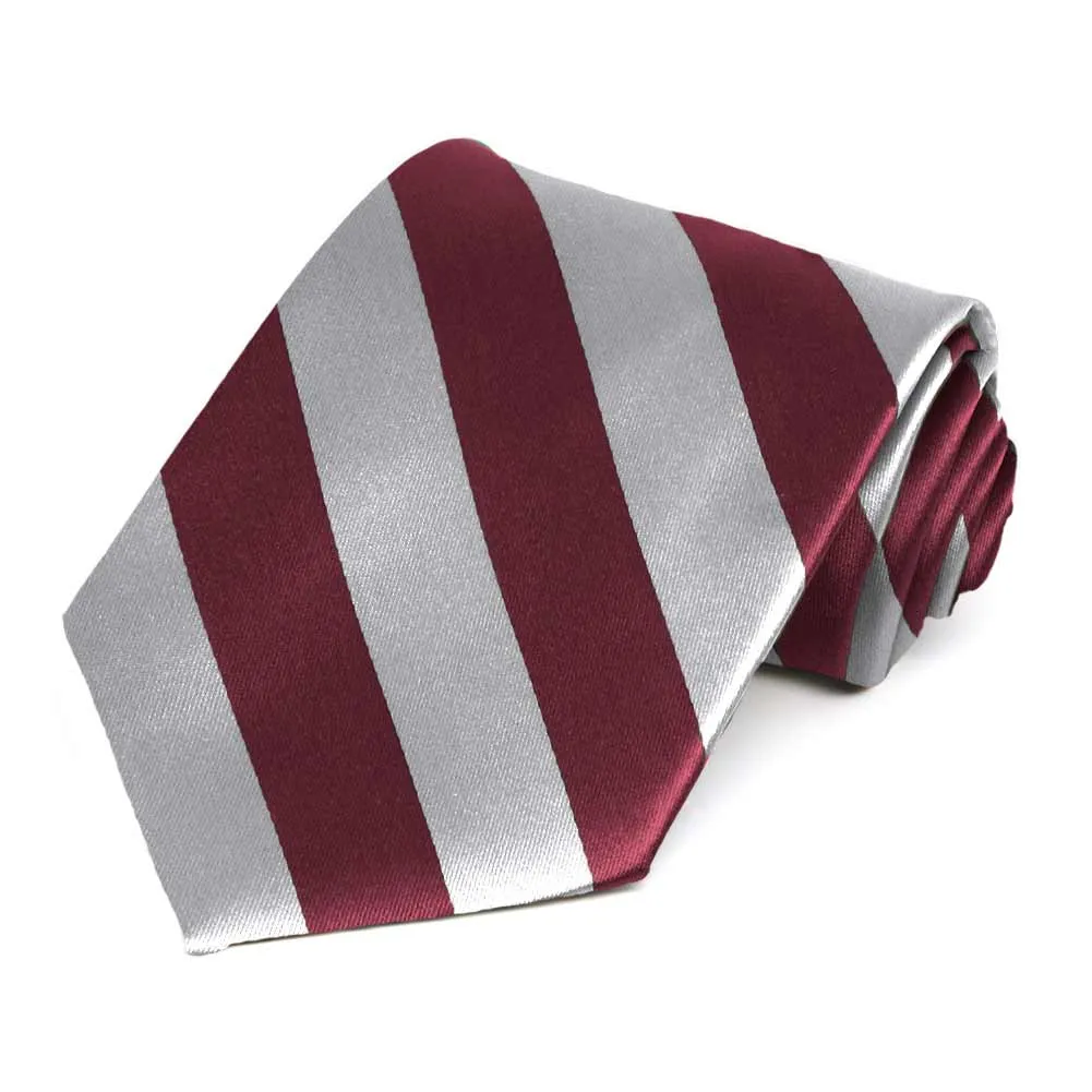Burgundy and Silver Extra Long Striped Tie sold by TieMart