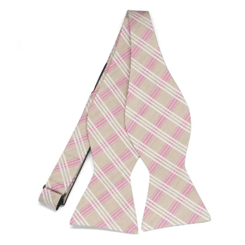 Beige and Pink Councillor Plaid Linen/Silk Self-Tie Bow Tie sold by TieMart