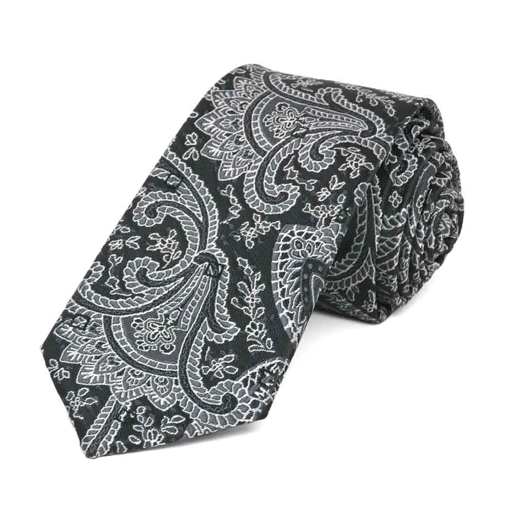 Black Clara Paisley Slim Necktie, 2.5" Width sold by TieMart