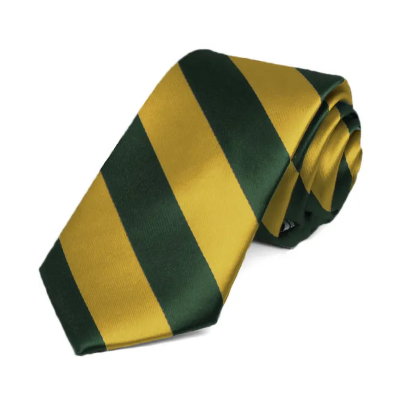 Hunter Green and Gold Striped Slim Tie, 2.5" Width sold by TieMart