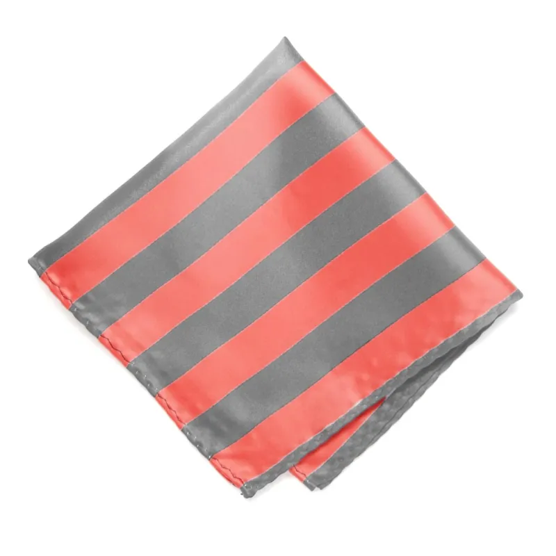 Bright Coral and Gray Striped Pocket Square sold by TieMart
