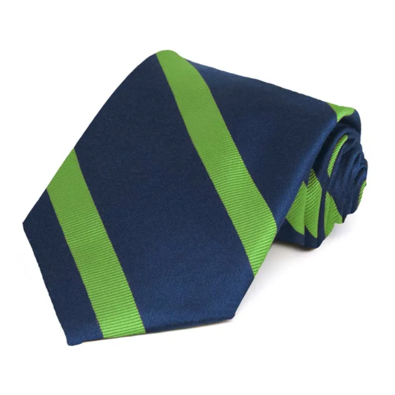 Navy Blue and Grass Green Striped Cotton/Silk Necktie sold by TieMart