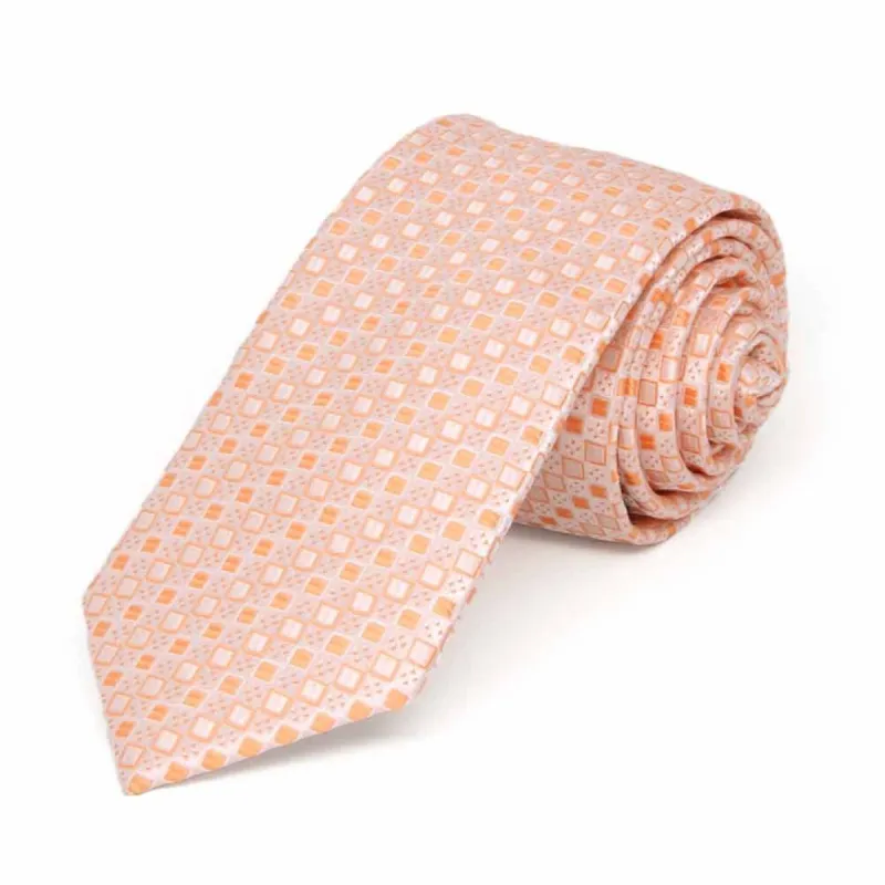 Bright Tangerine Marie Square Pattern Slim Necktie, 2.5" Width sold by TieMart