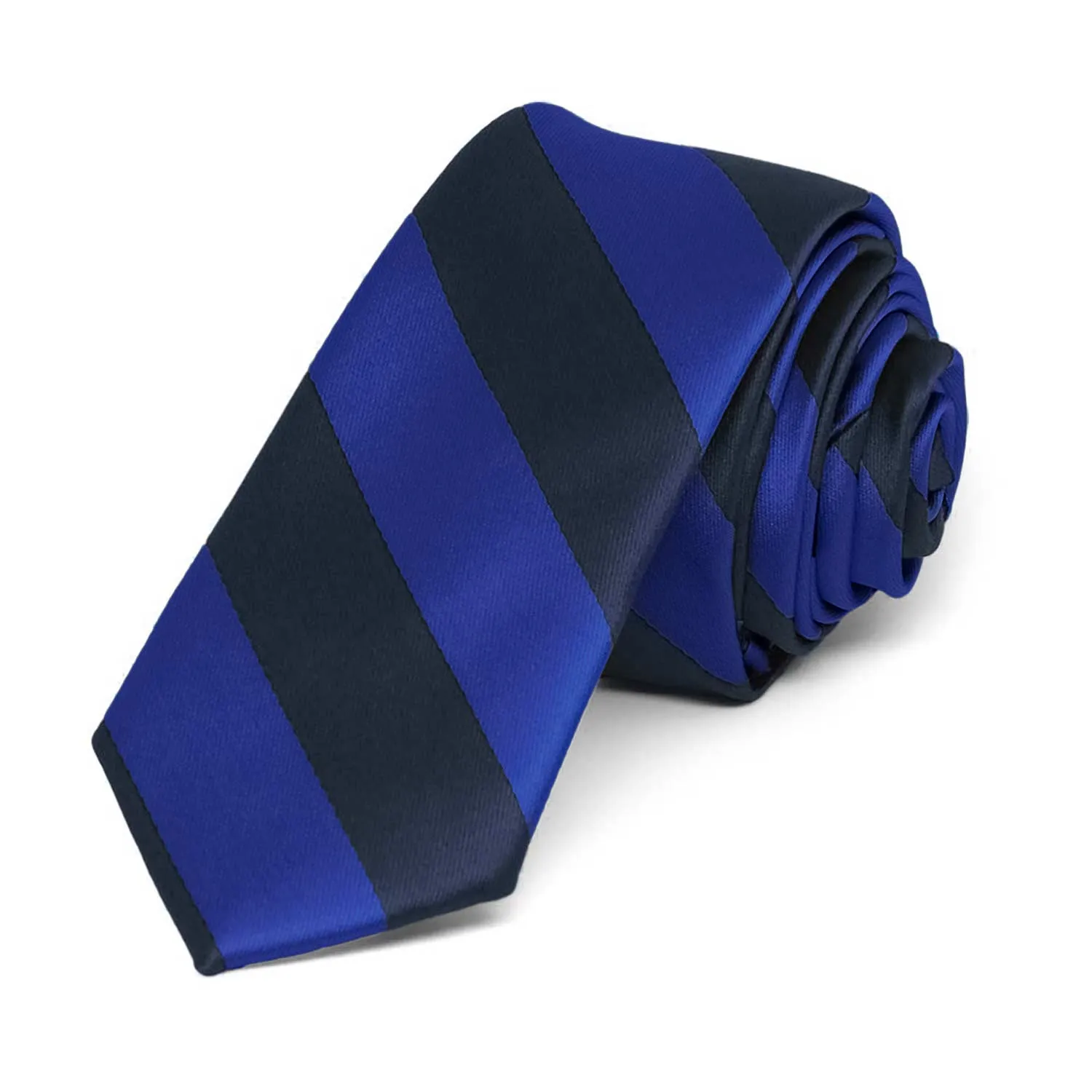 Navy Blue and Royal Blue Striped Skinny Tie, 2" Width sold by TieMart