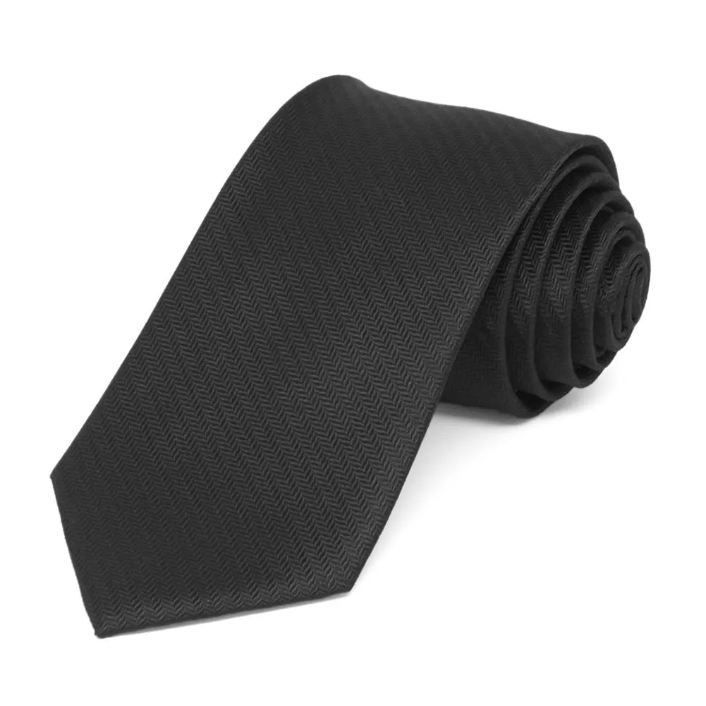 Black Herringbone Silk Slim Necktie, 2.5" Width sold by TieMart