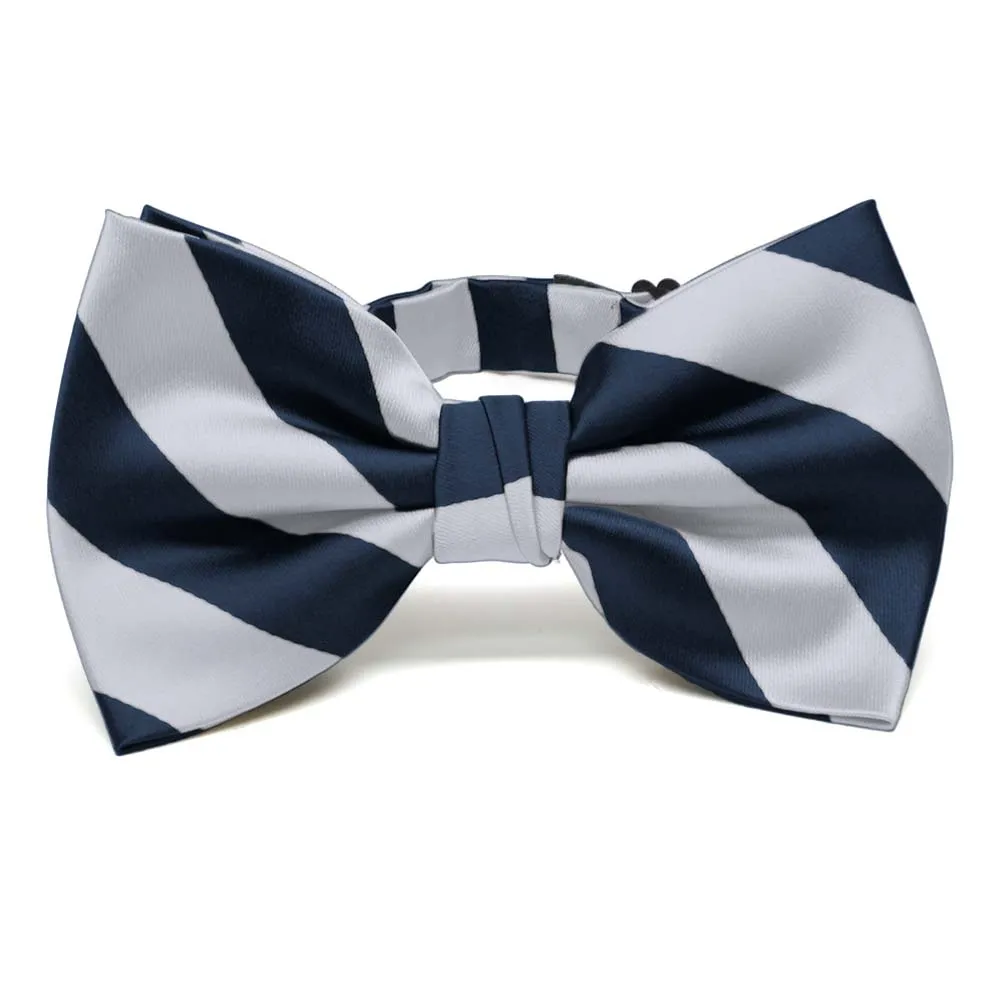 Navy Blue and Silver Striped Bow Tie sold by TieMart