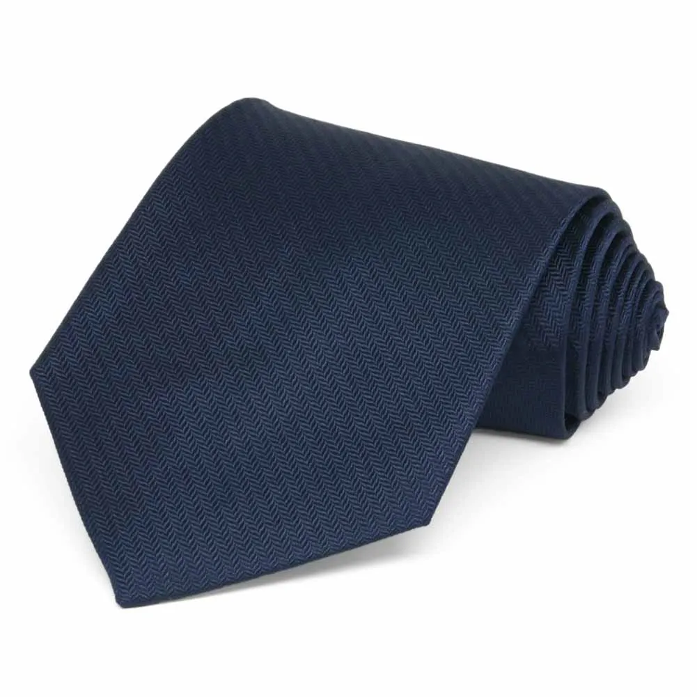 Navy Blue Herringbone Silk Extra Long Necktie sold by TieMart