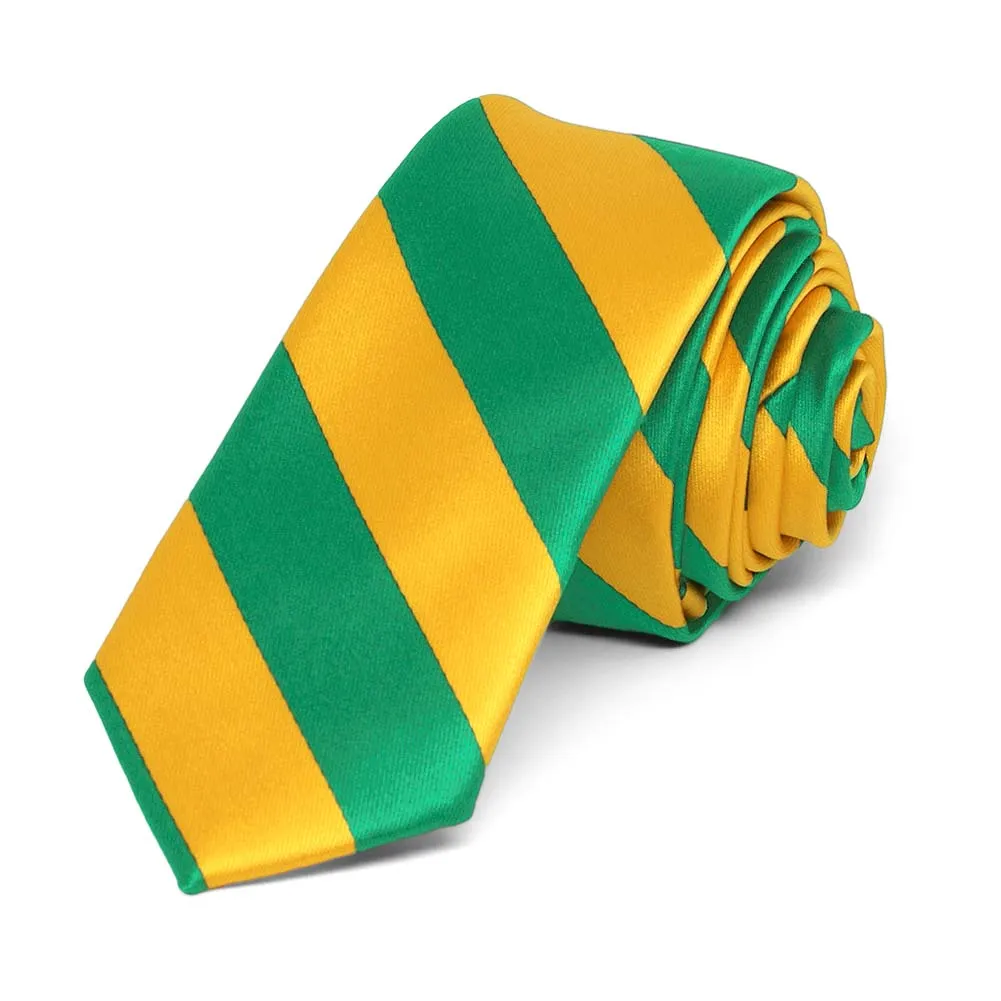Kelly Green and Golden Yellow Striped Skinny Tie, 2" Width sold by TieMart