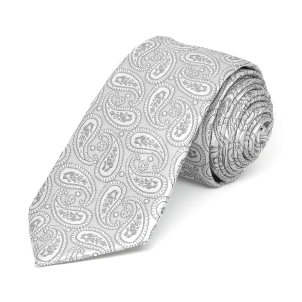 Pale Silver Darlene Paisley Slim Necktie, 2.5" Width sold by TieMart