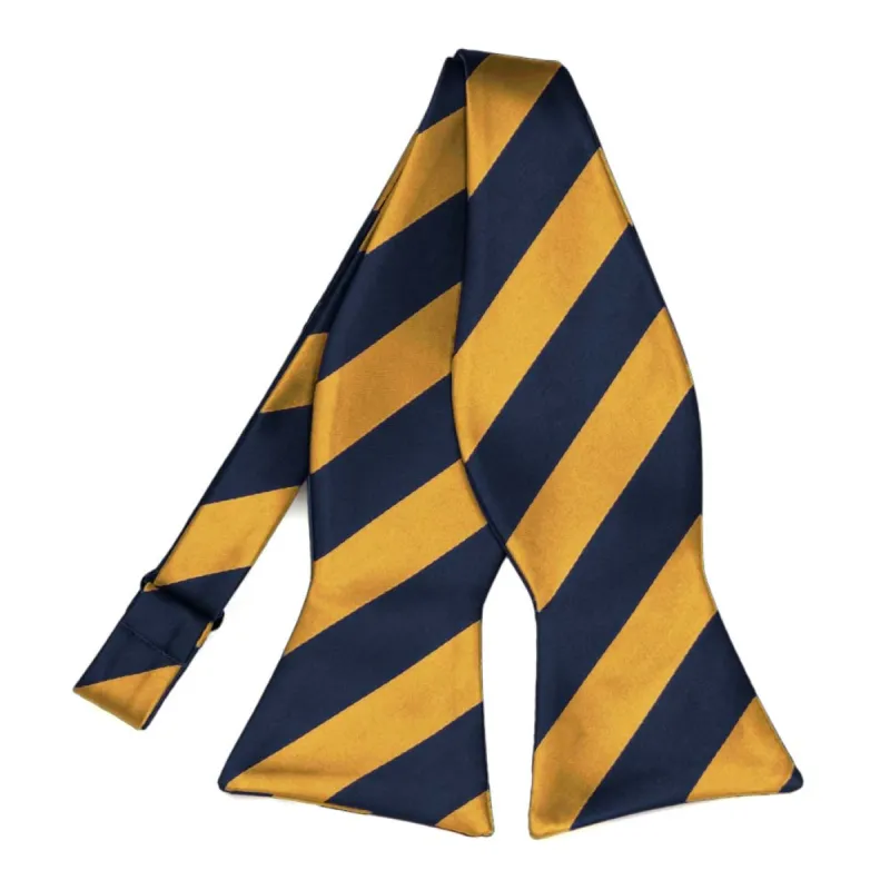 Navy Blue and Gold Bar Striped Self-Tie Bow Tie sold by TieMart