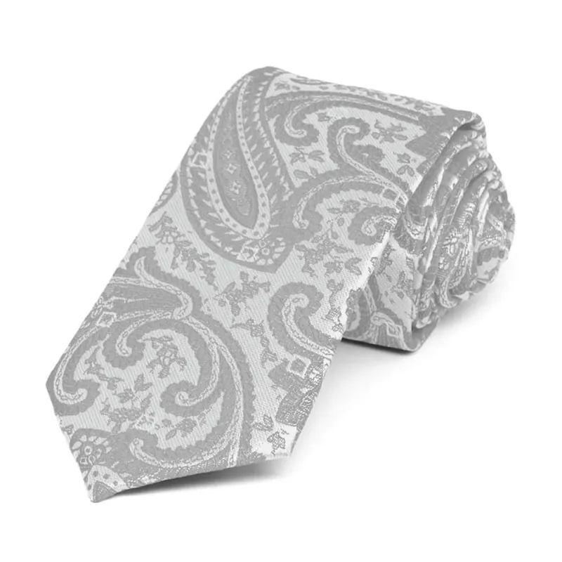 Mercury Silver Clara Paisley Slim Necktie, 2.5" Width sold by TieMart